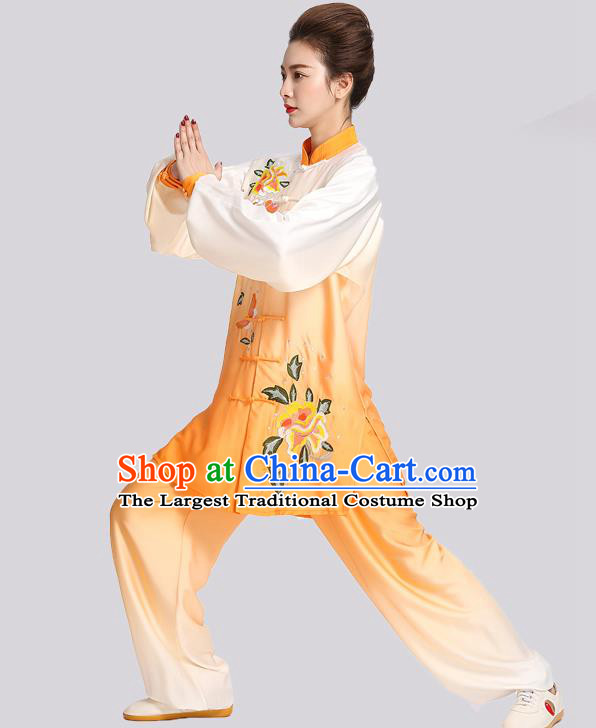 Chinese Tai Ji Training Clothing Tai Chi Kung Fu Gradient Orange Suits Martial Arts Competition Embroidered Peony Outfits