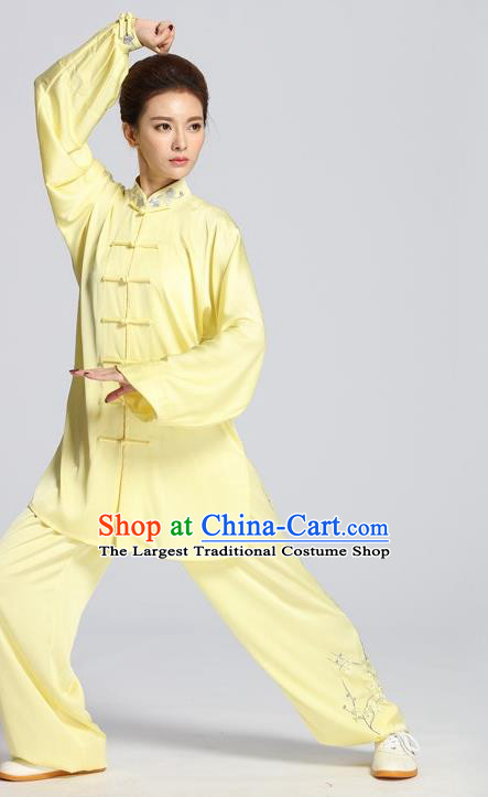 China Kung Fu Performance Yellow Outfits Wushu Martial Arts Competition Suits Tai Chi Sword Training Embroidered Plum Clothing