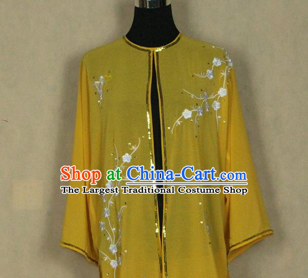 China Kung Fu Performance Yellow Outfits Wushu Martial Arts Competition Suits Tai Chi Sword Training Embroidered Plum Clothing