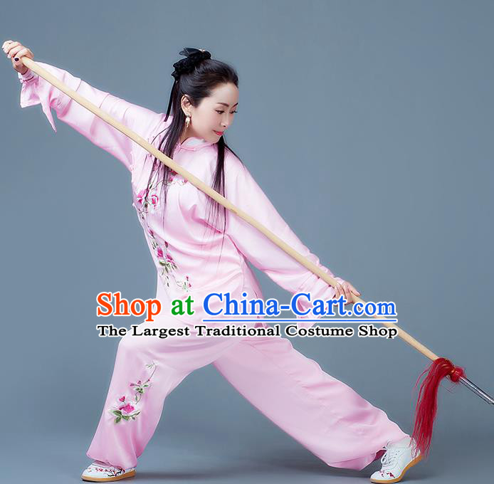 China Wushu Martial Arts Competition Suits Tai Chi Spear Training  Embroidered Clothing Kung Fu Performance Pink Outfits