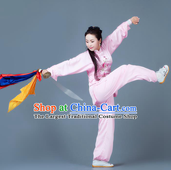 China Wushu Martial Arts Competition Suits Tai Chi Spear Training Embroidered Clothing Kung Fu Performance Pink Outfits