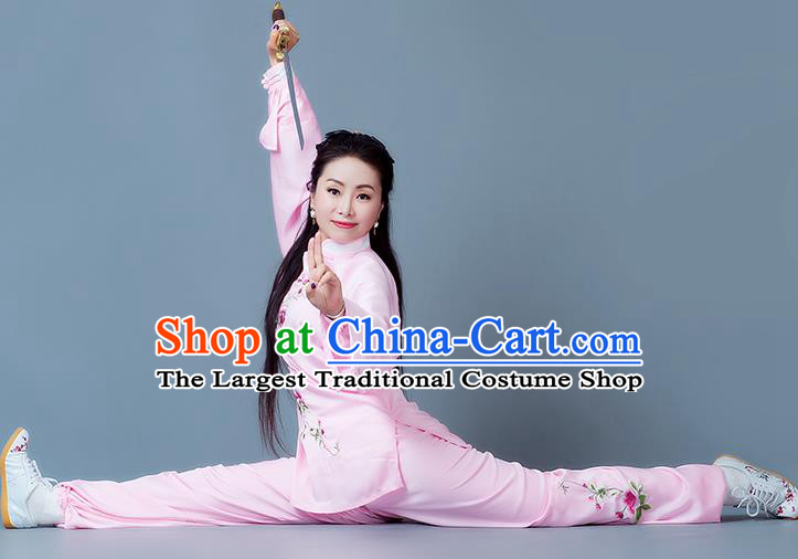 China Wushu Martial Arts Competition Suits Tai Chi Spear Training Embroidered Clothing Kung Fu Performance Pink Outfits