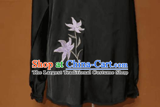 China Kung Fu Performance Black Outfits Wushu Martial Arts Competition Suits Tai Chi Spear Training Embroidered Lily Flowers Clothing