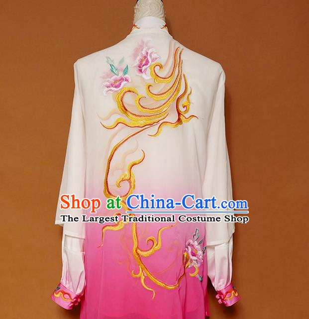 China Tai Chi Training Embroidered Peony Clothing Kung Fu Performance Rosy Outfits Martial Arts Tai Ji Competition Suits