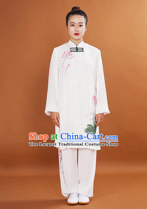 China Martial Arts Tai Ji Competition Suits Tai Chi Training Painting Lotus Clothing Kung Fu Performance White Outfits