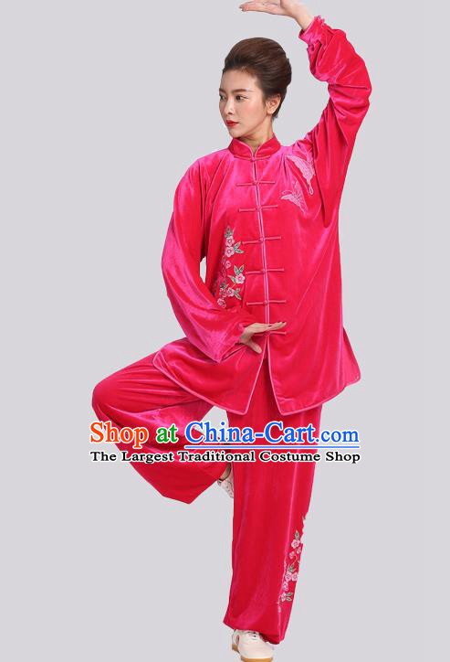 Chinese Kung Fu Tai Ji Training Clothing Tai Chi Competition Rosy Velvet Suits Martial Arts Embroidered Outfits