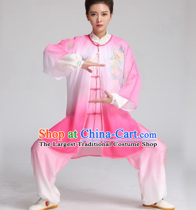 China Tai Chi Training Embroidered Clothing Kung Fu Performance Rosy Outfits Martial Arts Tai Ji Competition Suits