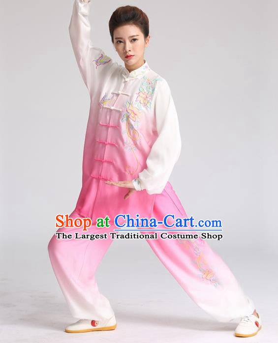 China Tai Chi Training Embroidered Clothing Kung Fu Performance Rosy Outfits Martial Arts Tai Ji Competition Suits
