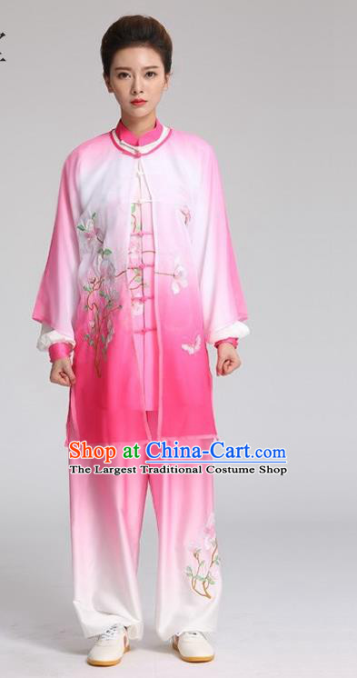China Tai Chi Training Embroidered Clothing Kung Fu Performance Outfits Martial Arts Tai Ji Competition Pink Suits