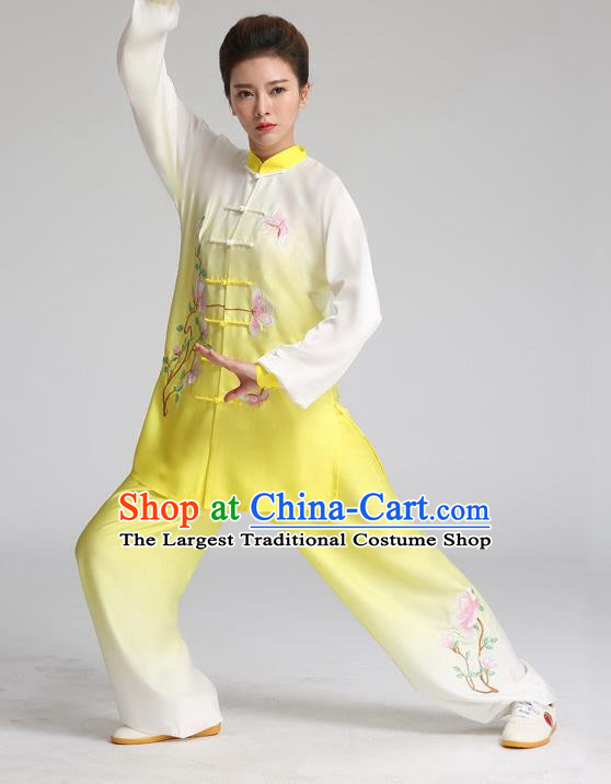 China Martial Arts Tai Ji Performance Yellow Suits Tai Chi Training Embroidered Mangnolia Butterfly Clothing Kung Fu Competition Outfits