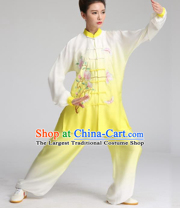 China Martial Arts Tai Ji Performance Yellow Suits Tai Chi Training Embroidered Mangnolia Butterfly Clothing Kung Fu Competition Outfits