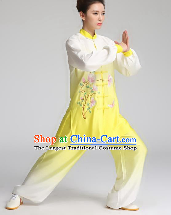 China Martial Arts Tai Ji Performance Yellow Suits Tai Chi Training Embroidered Mangnolia Butterfly Clothing Kung Fu Competition Outfits