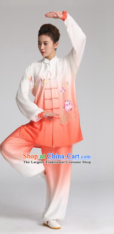 China Tai Chi Training Clothing Kung Fu Competition Outfits Martial Arts Tai Ji Embroidered Lotus Orange Suits