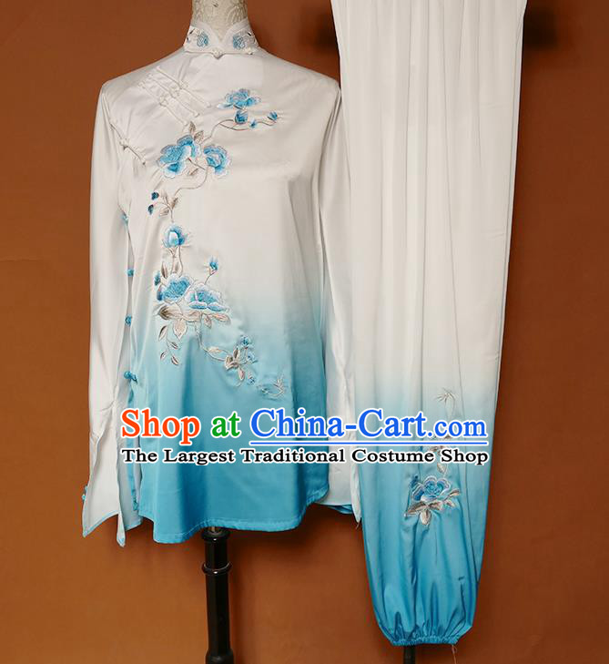 China Tai Ji Sword Performance Suits Martial Arts Kung Fu Embroidered Flowers Clothing Tai Chi Group Competition Blue Outfits
