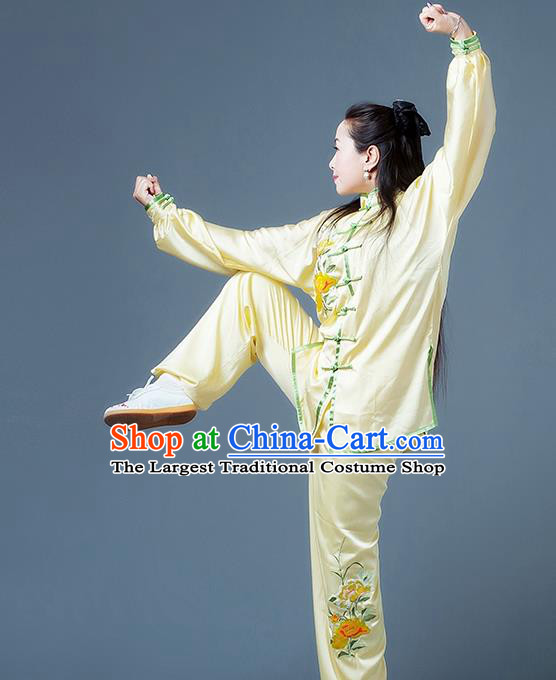 China Tai Chi Competition Yellow Outfits Tai Ji Sword Performance Suits Martial Arts Kung Fu Embroidered Peony Clothing