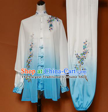 China Martial Arts Kung Fu Embroidered Plum Clothing Tai Chi Competition Blue Outfits Tai Ji Sword Performance Suits