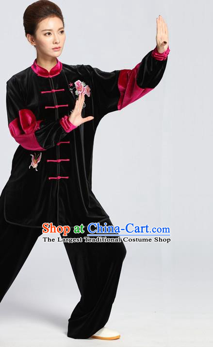 China Martial Arts Embroidered Rose Clothing Tai Chi Competition Outfits Tai Ji Sword Performance Black Velvet Suits