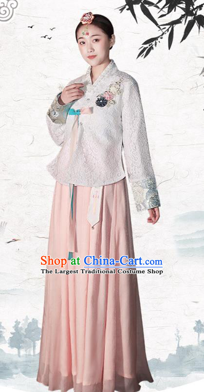 Traditional Korean Dress Ancient Korea Female Garment Costumes Asian Palace Princess White Blouse and Pink Dress Outfits