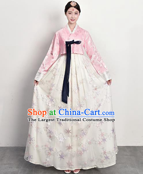 Ancient Korea Female Garment Costumes Traditional Asian Palace Princess Pink Blouse and White Dress Outfits Korean Court Dress