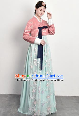 Traditional Asian Court Dress Korea Ancient Female Garment Costumes Korean Palace Princess Pink Blouse and Blue Dress Outfits