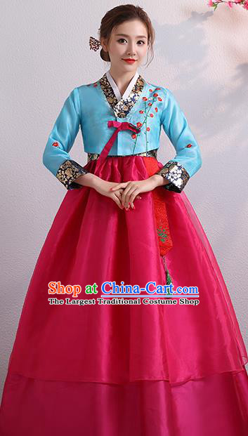 Korea Ancient Court Garment Costumes Korean Palace Princess Embroidered Blue Blouse and Rosy Dress Traditional Wedding Outfits Asian Bride Dress