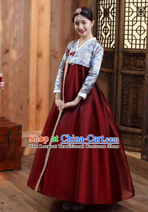 Korean Court Blue Blouse and Wine Red Dress Asian Korea Dance Outfits Traditional Wedding Dress Ancient Bride Garment Costumes