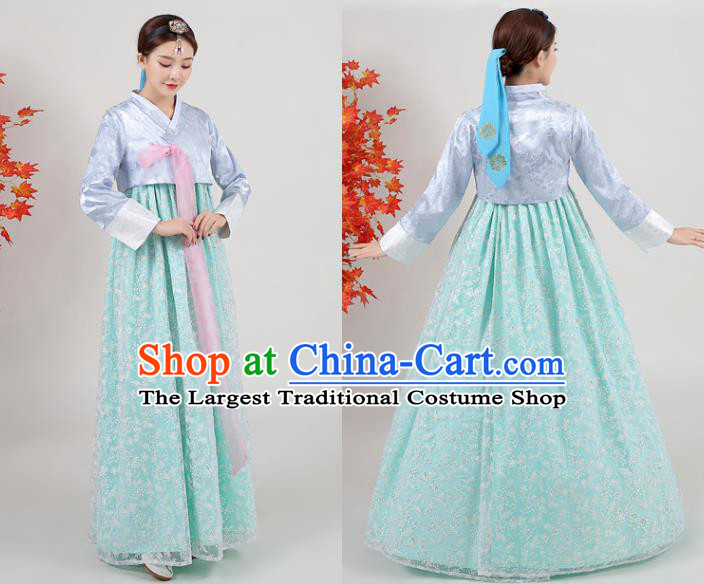 Korean Court Hanbok Blue Blouse and Green Dress Classical Dance Outfits Traditional Wedding Dress Asian Korea Ancient Bride Garment Costumes