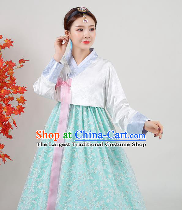 Asian Korea Ancient Bride Garment Costumes Korean Court Hanbok White Blouse and Green Dress Classical Dance Outfits Traditional Wedding Dress