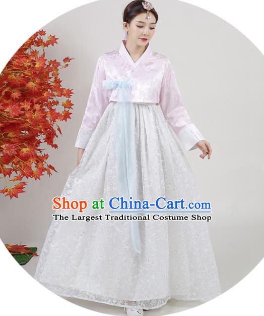 Asian Korea Traditional Wedding Dress Ancient Bride Garment Costumes Korean Court Hanbok Pink Blouse and White Dress Classical Dance Outfits