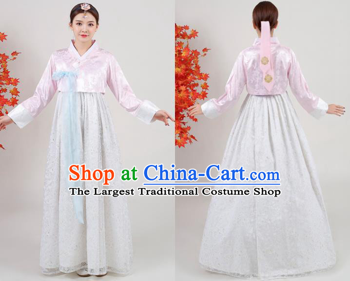 Asian Korea Traditional Wedding Dress Ancient Bride Garment Costumes Korean Court Hanbok Pink Blouse and White Dress Classical Dance Outfits