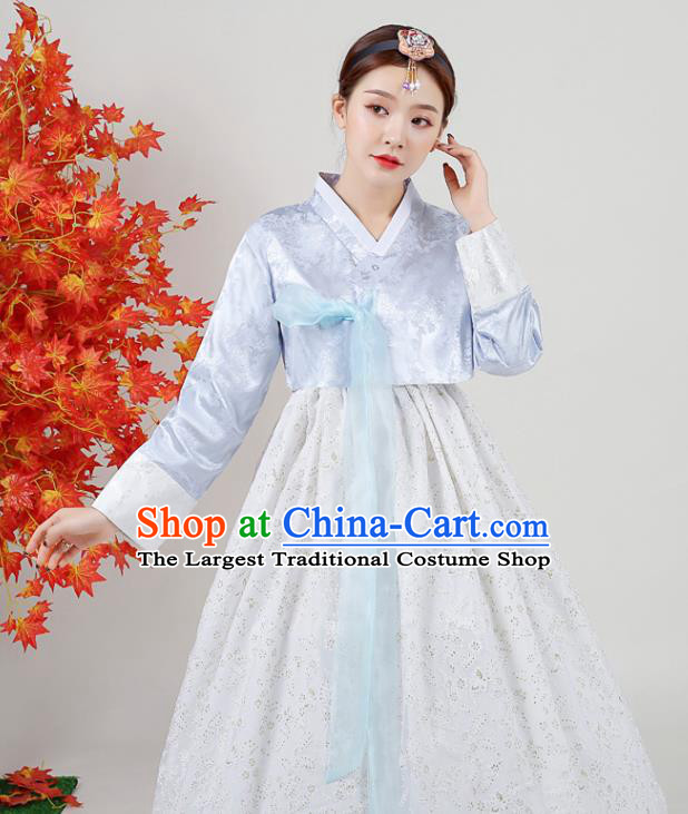 Asian Korea Classical Dance Outfits Traditional Wedding Dress Ancient Bride Garment Costumes Korean Court Hanbok Blue Blouse and White Dress