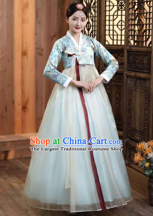 Korean Ancient Bride Garment Costumes Court Blue Blouse and Dress Asian Korea Dance Outfits Traditional Wedding Dress