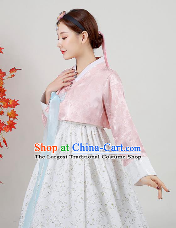 Korean Court Hanbok Peach Pink Blouse and White Dress Asian Korea Classical Dance Outfits Traditional Wedding Dress Ancient Bride Garment Costumes