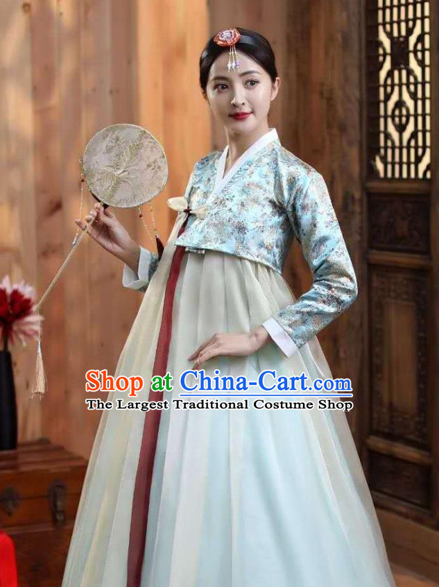 Korean Ancient Bride Garment Costumes Court Blue Blouse and Dress Asian Korea Dance Outfits Traditional Wedding Dress