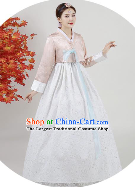 Korean Ancient Bride Garment Costumes Court Hanbok Champagne Blouse and White Dress Asian Korea Classical Dance Outfits Traditional Wedding Dress