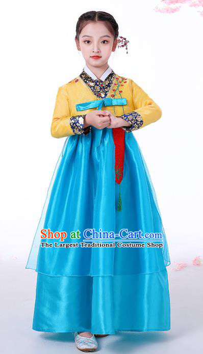 Asian Traditional Hanbok Clothing Korea Girl Birthday Embroidered Yellow Blouse and Blue Dress Korean Children Performance Garment Costumes