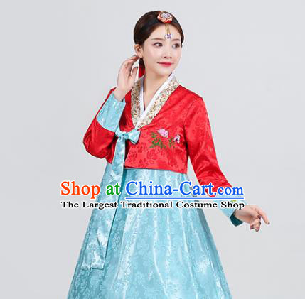 Asian Traditional Wedding Hanbok Uniforms Korea Dance Clothing Korean Ancient Court Garment Costumes Embroidered Red Blouse and Blue Dress