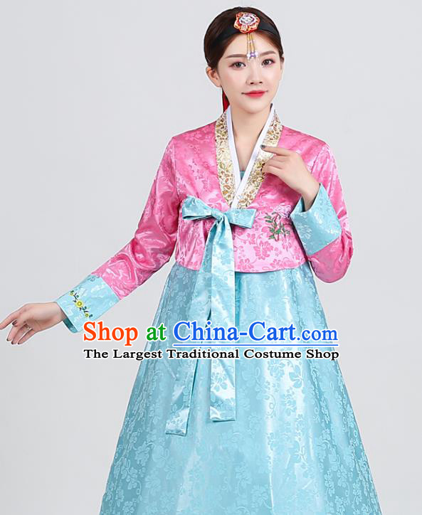 Asian Korean Embroidered Pink Blouse and Blue Dress Traditional Wedding Hanbok Uniforms Korea Dance Clothing Ancient Court Garment Costumes