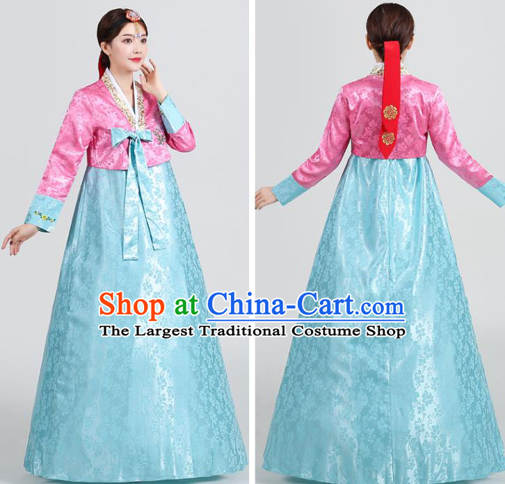 Asian Korean Embroidered Pink Blouse and Blue Dress Traditional Wedding Hanbok Uniforms Korea Dance Clothing Ancient Court Garment Costumes
