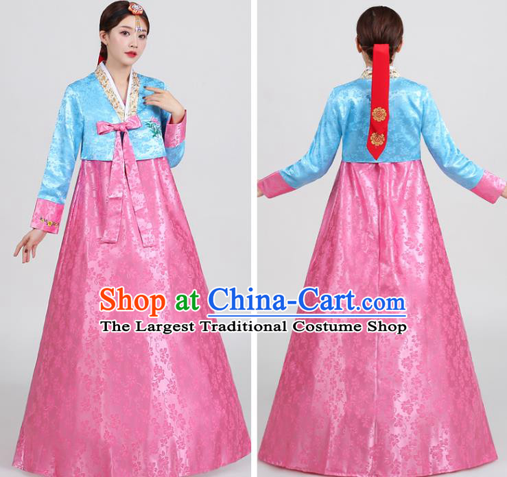 Asian Korean Ancient Court Garment Costumes Embroidered Blue Blouse and Pink Dress Traditional Wedding Hanbok Uniforms Korea Dance Clothing