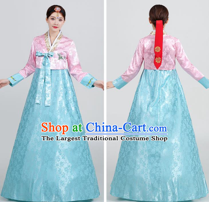 Asian Korea Dance Clothing Korean Ancient Court Garment Costumes Embroidered Pink Blouse and Blue Dress Traditional Wedding Hanbok Uniforms