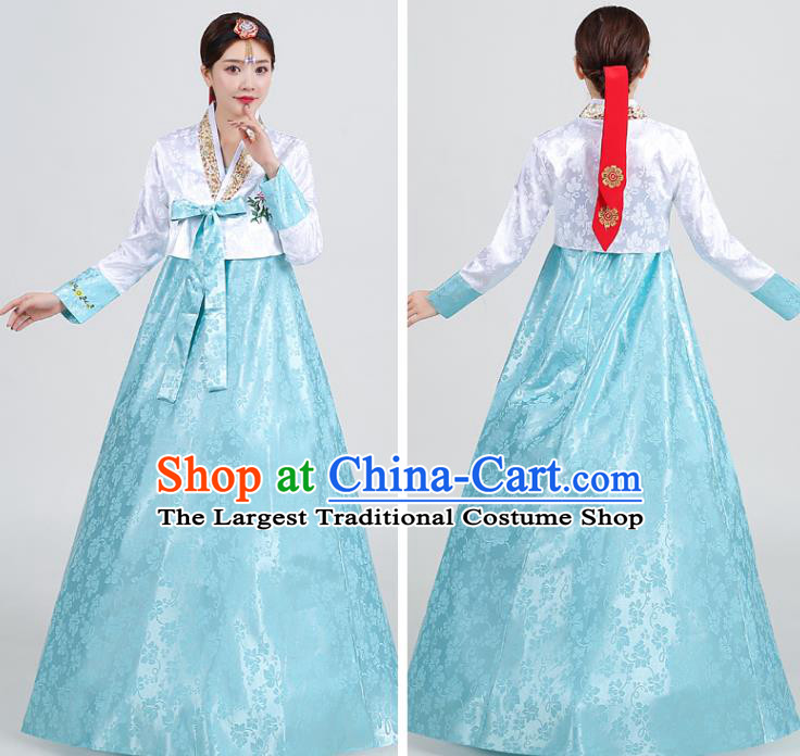 Asian Korea Traditional Wedding Hanbok Uniforms Dance Clothing Korean Ancient Court Garment Costumes Embroidered White Blouse and Blue Dress