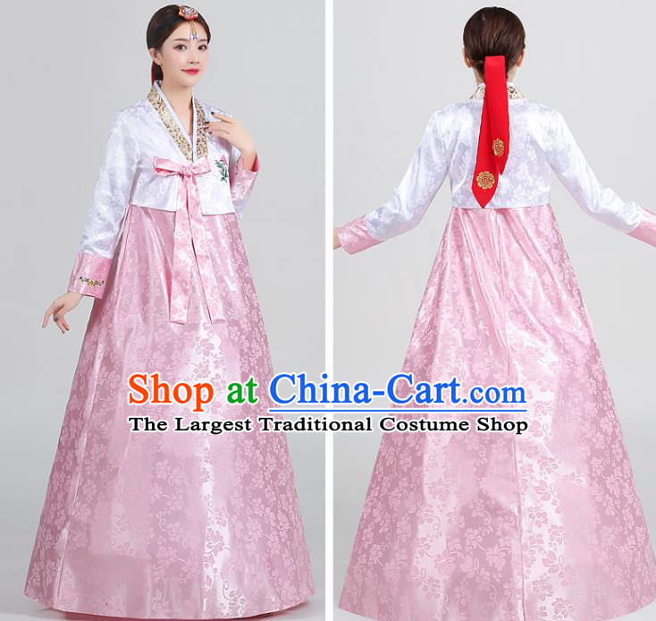 Asian Korea Embroidered White Blouse and Pink Dress Traditional Wedding Hanbok Uniforms Dance Clothing Korean Ancient Court Garment Costumes