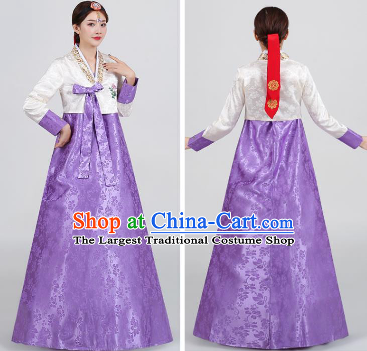 Korean Ancient Court Garment Costumes Asian Korea Embroidered White Blouse and Purple Dress Traditional Wedding Hanbok Uniforms Dance Clothing