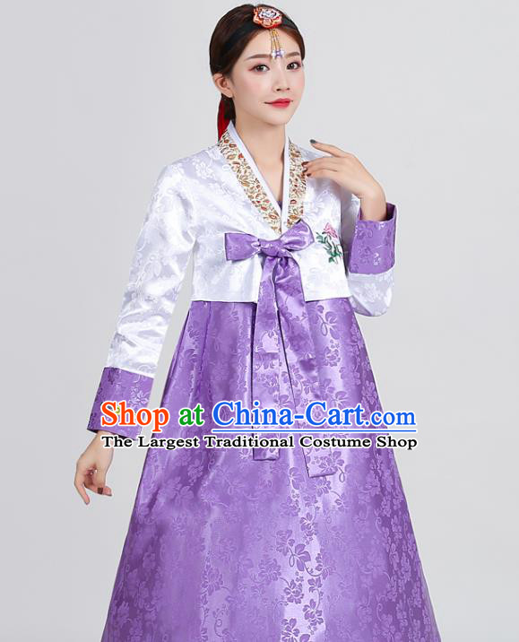 Korean Ancient Court Garment Costumes Asian Korea Embroidered White Blouse and Purple Dress Traditional Wedding Hanbok Uniforms Dance Clothing