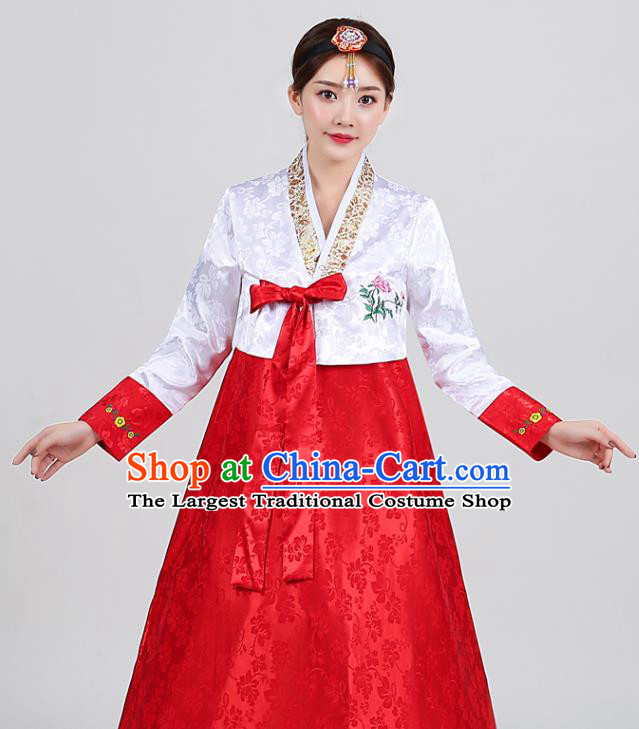 Korean Traditional Wedding Hanbok Uniforms Dance Clothing Ancient Court Garment Costumes Asian Korea Embroidered White Blouse and Red Dress