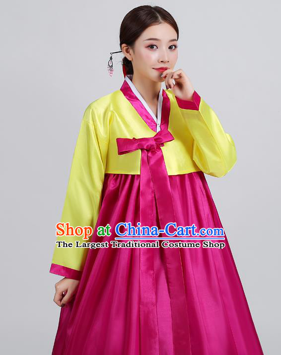 Asian Korea Yellow Blouse and Purple Dress Korean Traditional Hanbok Uniforms Ancient Court Dance Clothing