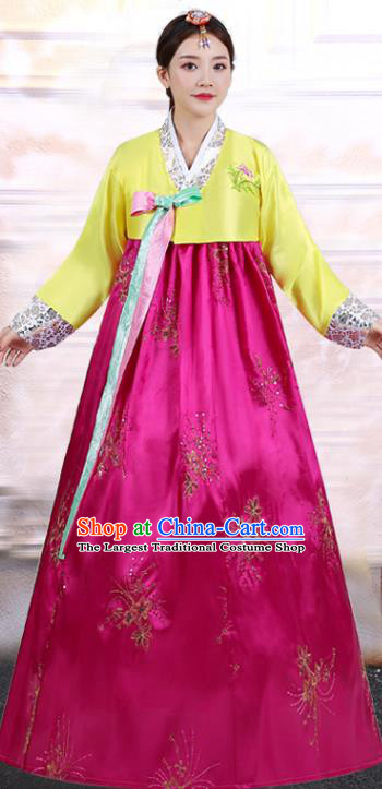 Asian Korea Ancient Court Dance Clothing Embroidered Yellow Blouse and Rosy Dress Korean Traditional Hanbok Uniforms
