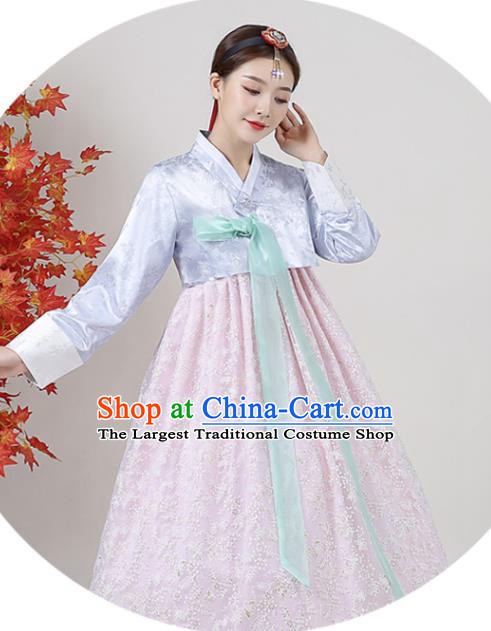 Korean Traditional Wedding Dress Ancient Bride Garment Costumes Court Blue Blouse and Pink Dress Asian Korea Classical Dance Outfits