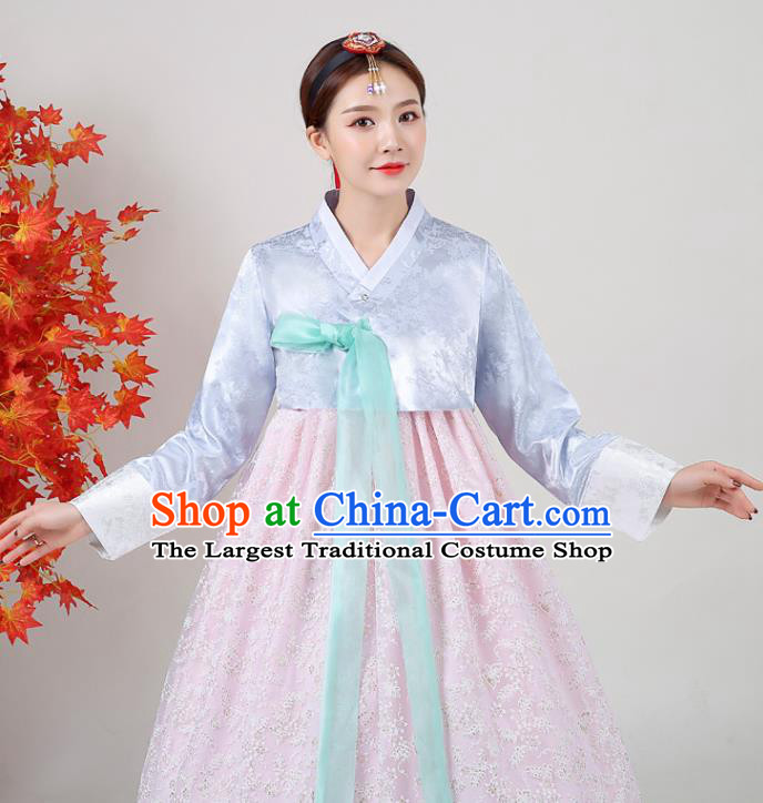 Korean Traditional Wedding Dress Ancient Bride Garment Costumes Court Blue Blouse and Pink Dress Asian Korea Classical Dance Outfits